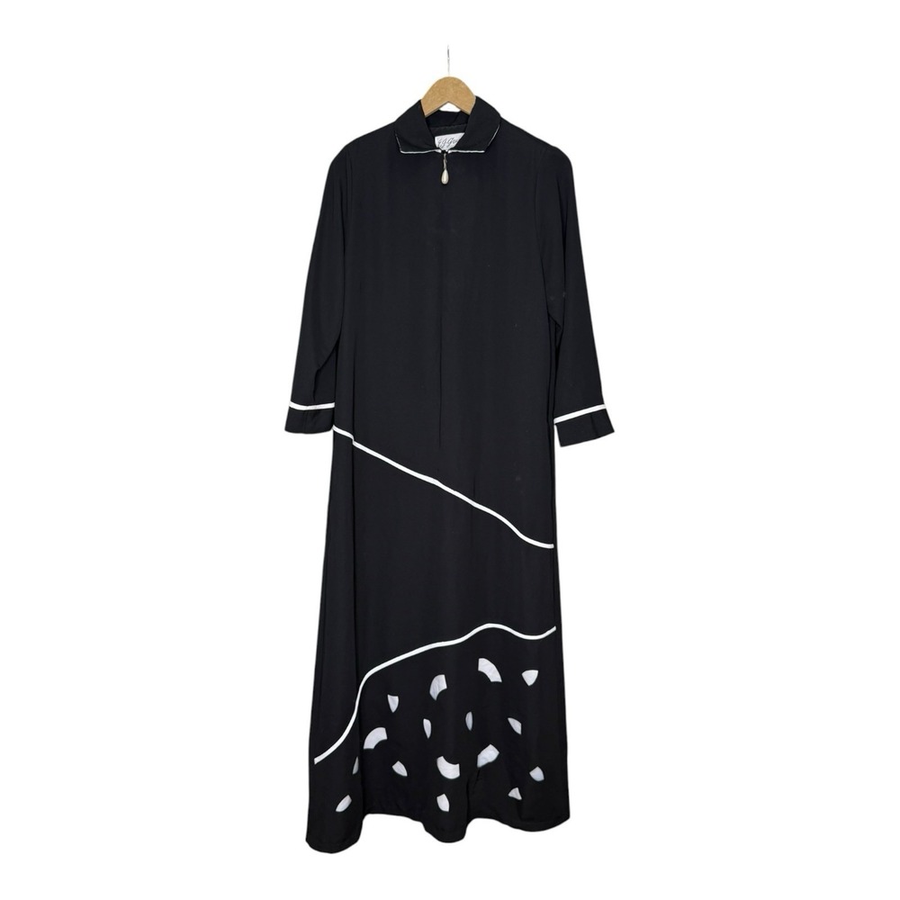 Vintage E.J. Gwen Black Maxi Dress White Trim Pearl Zip Accent Women's Small
